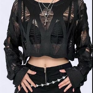 Black Long Sleeve Crop Top with Cut Out Design